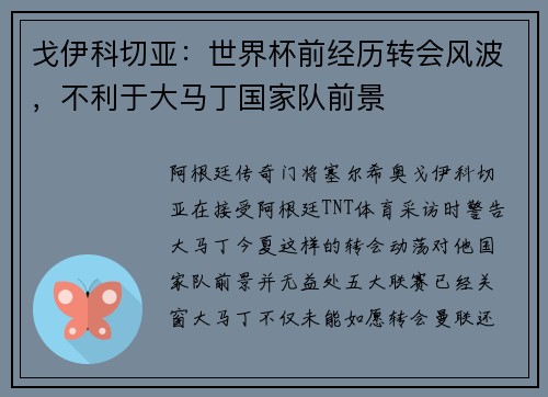 戈伊科切亚：世界杯前经历转会风波，不利于大马丁国家队前景