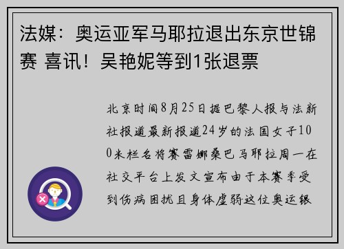 法媒：奥运亚军马耶拉退出东京世锦赛 喜讯！吴艳妮等到1张退票